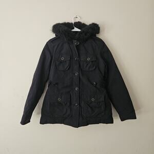 Banana Republic Women Black Solid Faux Fur Hooded Parka Jacket Down Size Small